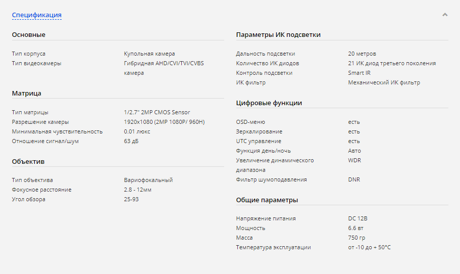 Спецификация CMD HD720-D2.8-IR спецификация